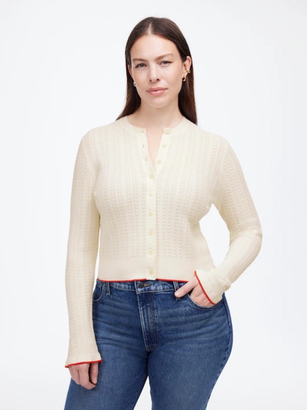 Madewell Cream Cable-Knit Button Cardigan with Red Trim